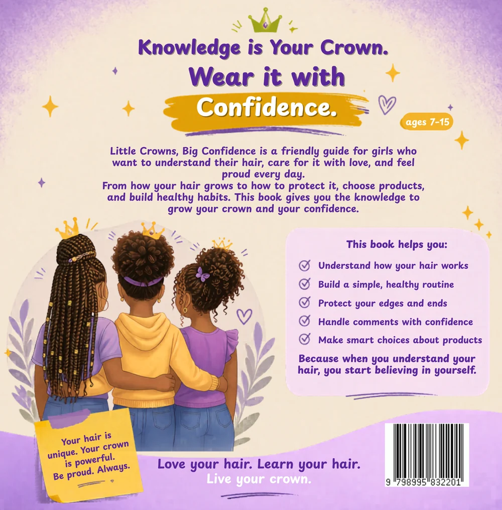 Little Crowns Big Confidence book back cover with ISBN barcode — ages 7-15 natural hair book