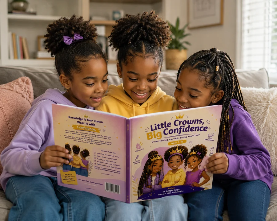 Three Black girls with natural hair reading Little Crowns Big Confidence children's book