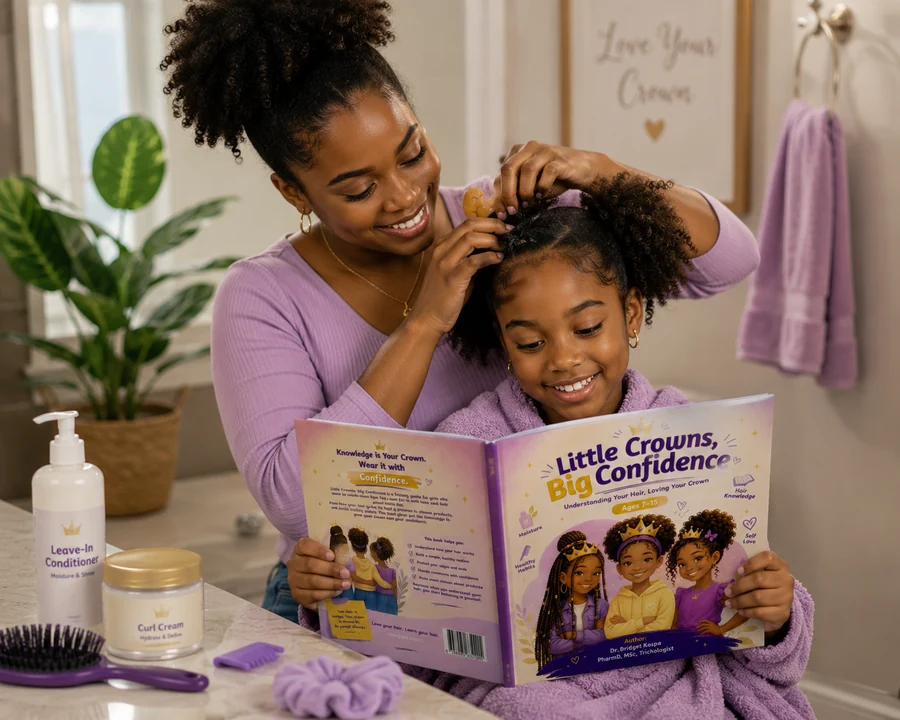 Mother styling daughter's natural hair while reading Little Crowns Big Confidence — wash day routine
